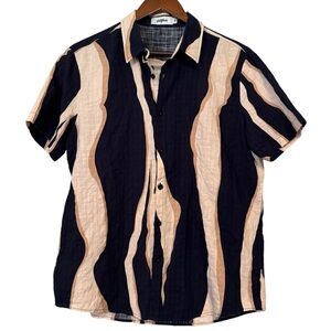 Men's Vatpave Navy Blue and Tan Casual Groovy Short Sleeve Button Down Shirt